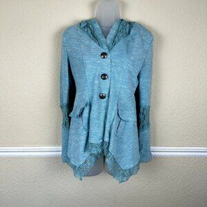 Nick & Mo Anthropologie Blue Jacket SZ Small Cottagecore Handkerchief Lace Hood‎